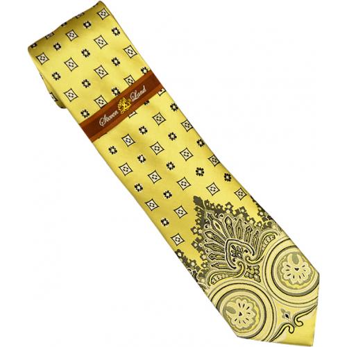 Steven Land Collection SL031 Gold / Black Unique Artistic Design 100% Woven Silk Necktie/Hanky Set